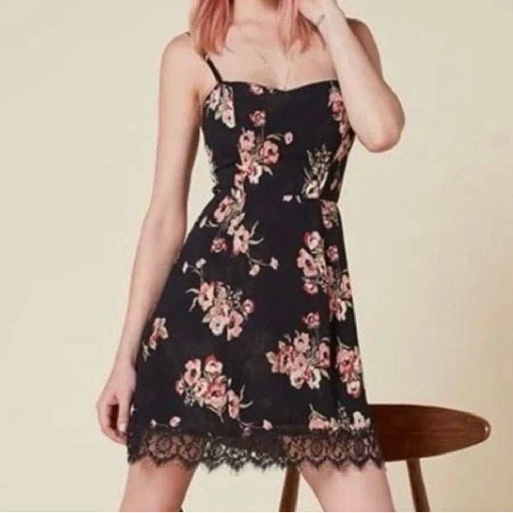 Reformation Black Pink Floral Print Lace Hem Slip Mini Dress